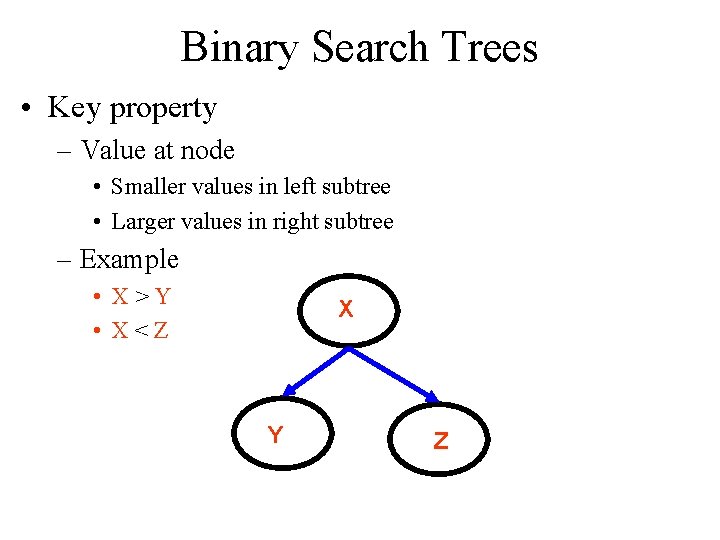 Binary Search Trees • Key property – Value at node • Smaller values in