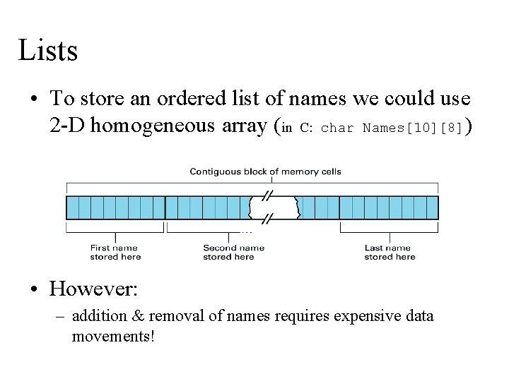 Lists • To store an ordered list of names we could use 2 -D