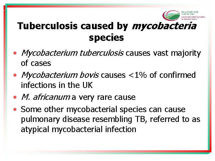 Tuberculosis caused by mycobacteria species • Mycobacterium tuberculosis causes vast majority of cases •