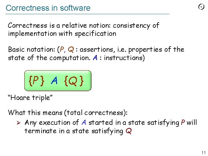 Correctness in software Correctness is a relative notion: consistency of implementation with specification Basic