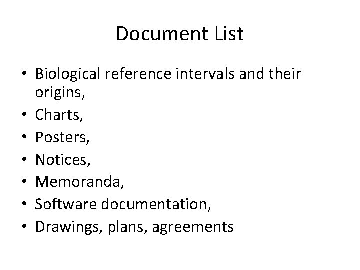 Document List • Biological reference intervals and their origins, • Charts, • Posters, •