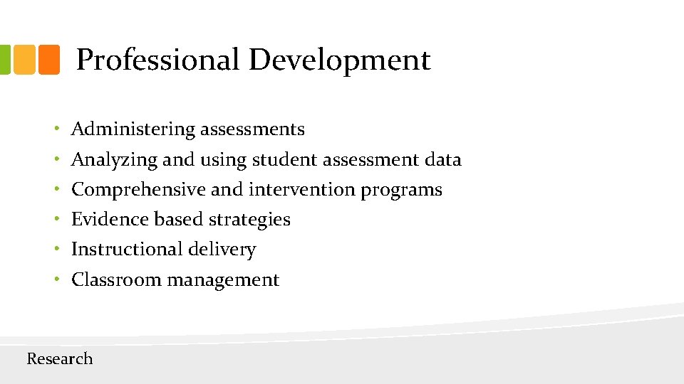 Professional Development • • • Administering assessments Analyzing and using student assessment data Comprehensive