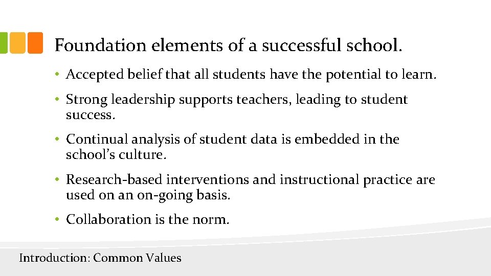 Foundation elements of a successful school. • Accepted belief that all students have the