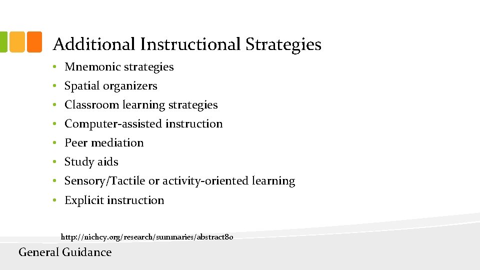 Additional Instructional Strategies • Mnemonic strategies • Spatial organizers • Classroom learning strategies •
