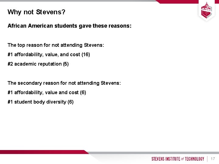 Why not Stevens? African American students gave these reasons: The top reason for not