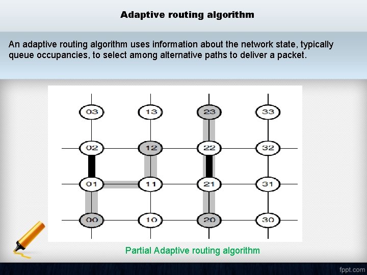 Adaptive routing algorithm An adaptive routing algorithm uses information about the network state, typically