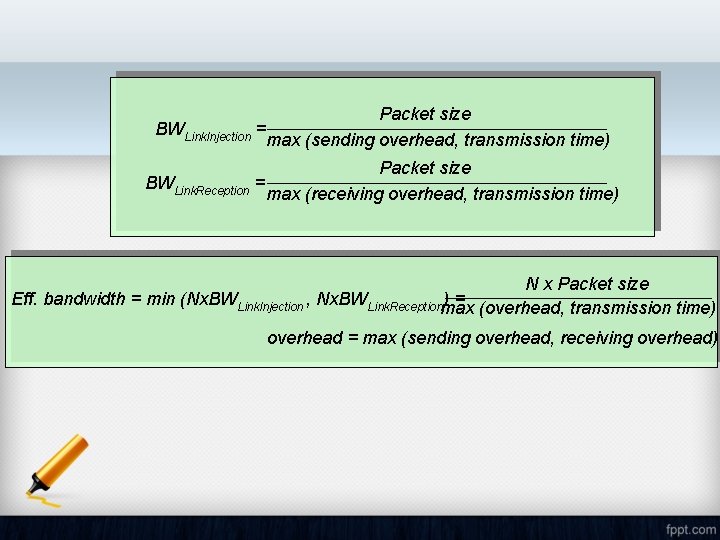 Packet size BWLink. Injection = max (sending overhead, transmission time) Packet size BWLink. Reception