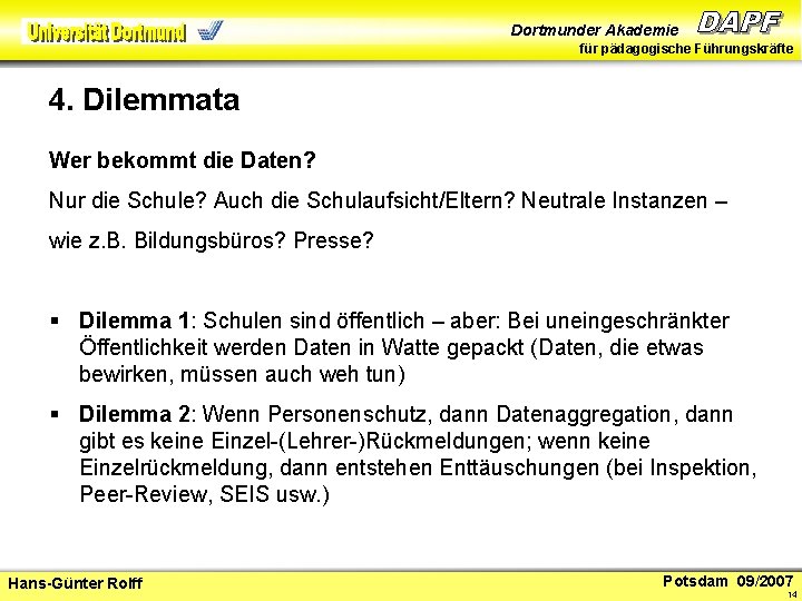 Dortmunder Akademie für pädagogische Führungskräfte 4. Dilemmata Wer bekommt die Daten? Nur die Schule?