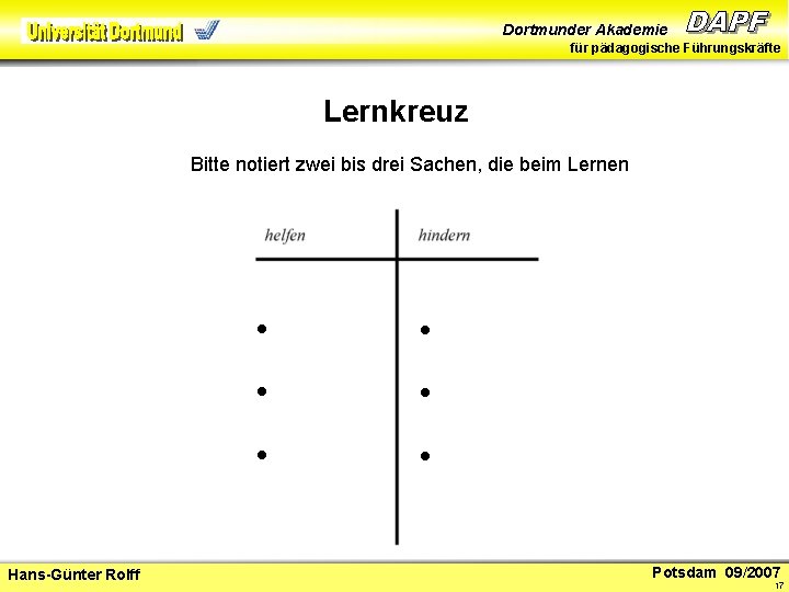 Dortmunder Akademie für pädagogische Führungskräfte Lernkreuz Bitte notiert zwei bis drei Sachen, die beim