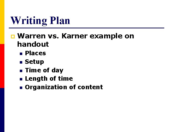 Writing Plan p Warren vs. Karner example on handout n n n Places Setup