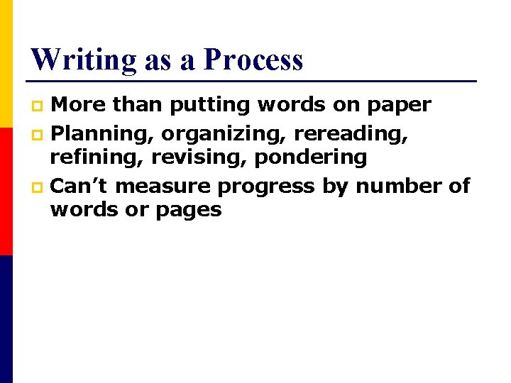 Writing as a Process More than putting words on paper p Planning, organizing, rereading,