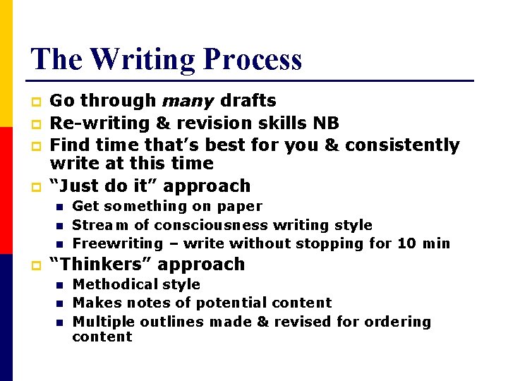 The Writing Process p p Go through many drafts Re-writing & revision skills NB