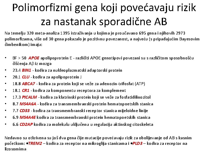 Polimorfizmi gena koji povećavaju rizik za nastanak sporadične AB Na temelju 320 meta-analiza 1395