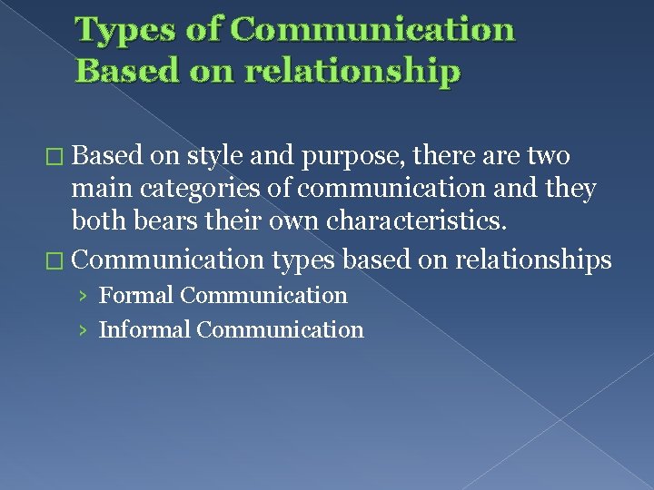 Types of Communication Based on relationship � Based on style and purpose, there are