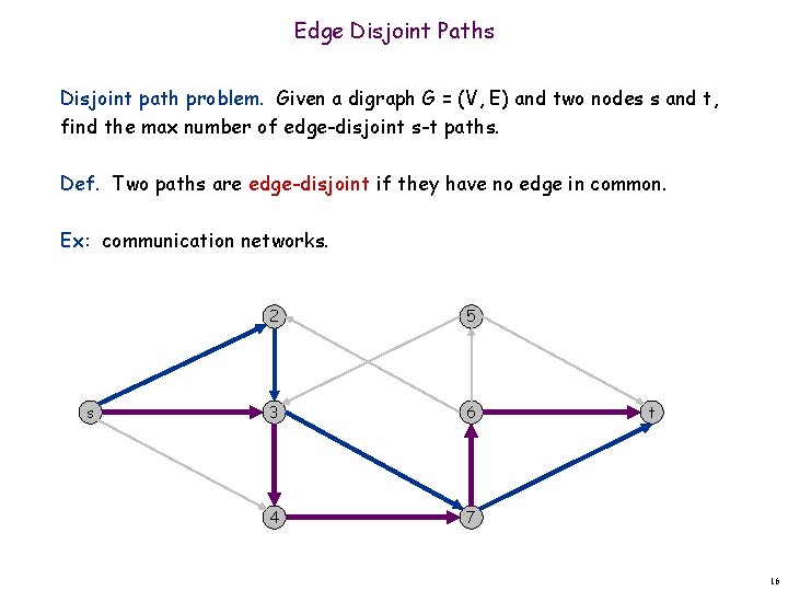 Edge Disjoint Paths Disjoint path problem. Given a digraph G = (V, E) and