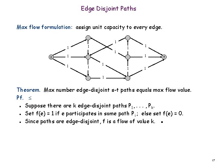 Edge Disjoint Paths Max flow formulation: assign unit capacity to every edge. 1 s