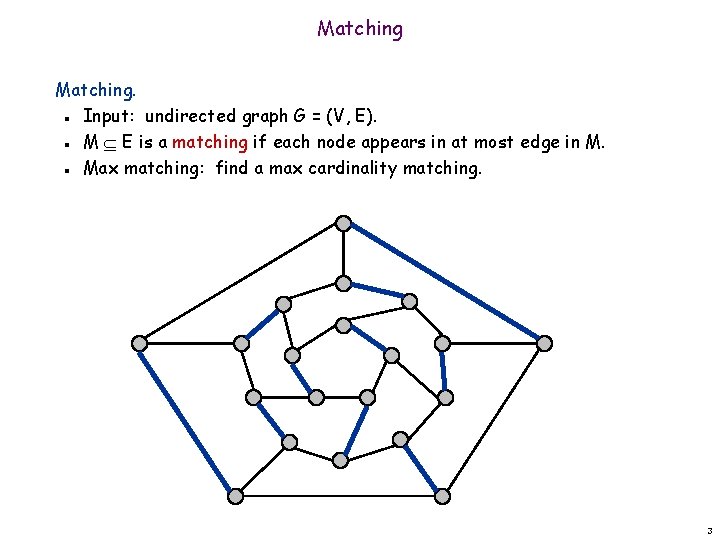 Matching. Input: undirected graph G = (V, E). M E is a matching if