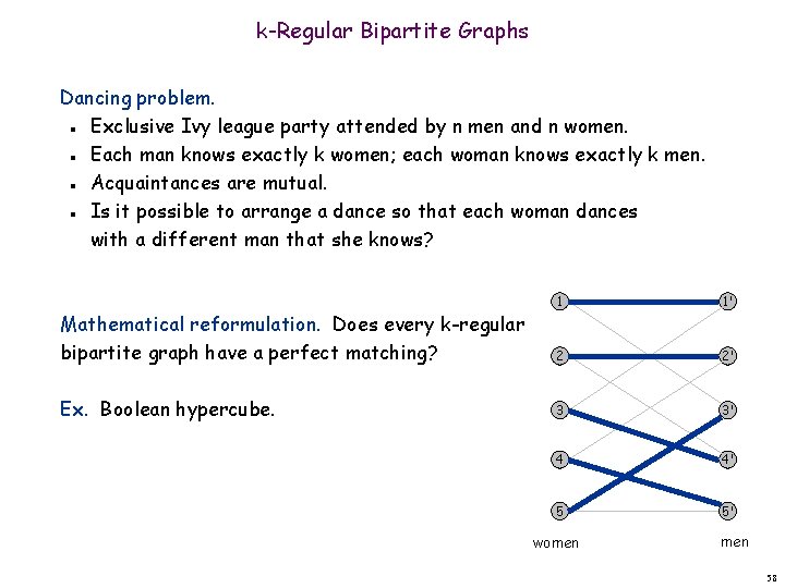 k-Regular Bipartite Graphs Dancing problem. Exclusive Ivy league party attended by n men and
