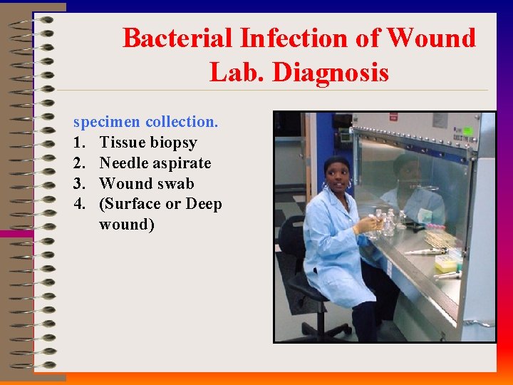 Bacterial Infection of Wound Lab. Diagnosis specimen collection. 1. Tissue biopsy 2. Needle aspirate