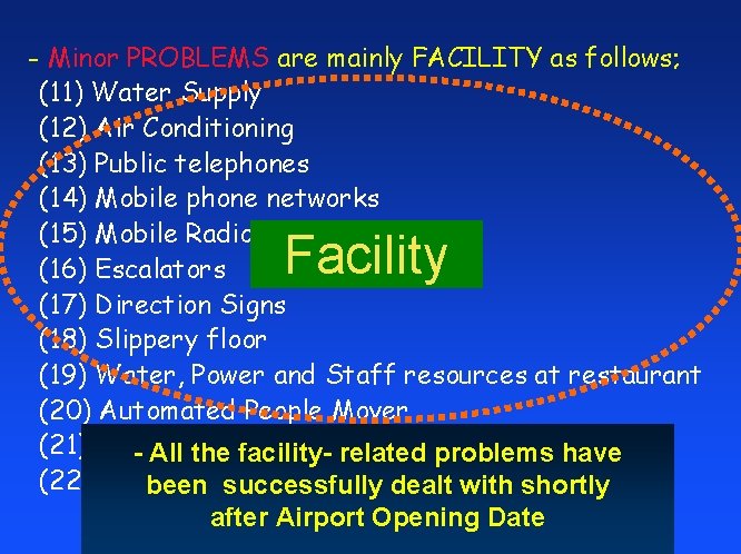 - Minor PROBLEMS are mainly FACILITY as follows; (11) Water Supply (12) Air Conditioning