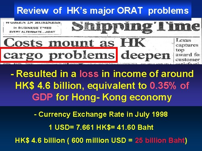 Review of HK’s major ORAT problems - Resulted in a loss in income of