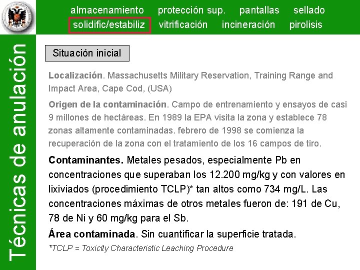 Técnicas de anulación almacenamiento solidific/estabiliz protección sup. pantallas sellado vitrificación incineración pirolisis Situación inicial