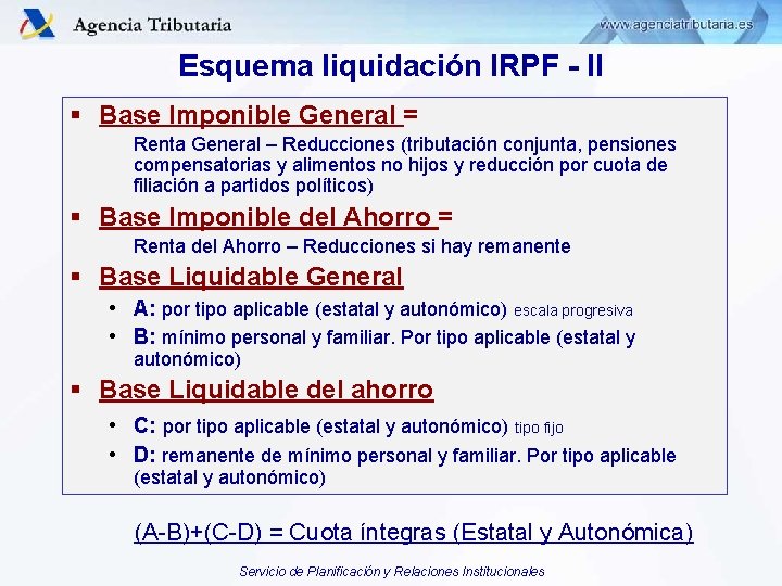 Esquema liquidación IRPF - II § Base Imponible General = Renta General – Reducciones