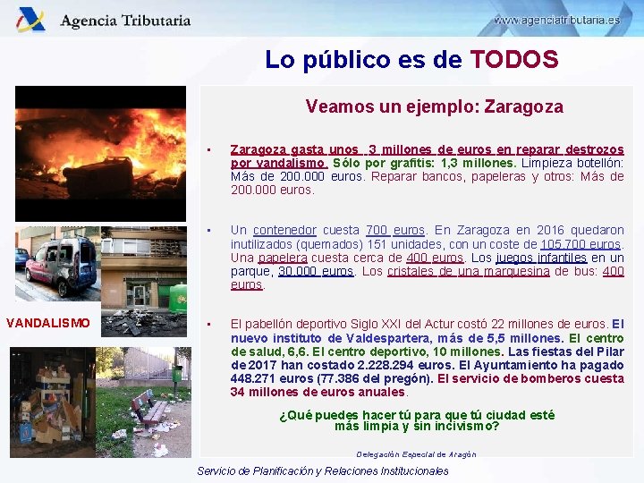 Lo público es de TODOS Veamos un ejemplo: Zaragoza VANDALISMO • Zaragoza gasta unos
