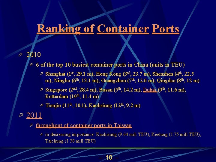 Ranking of Container Ports ö 2010 ö ö 6 of the top 10 busiest