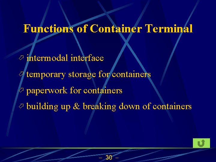 Functions of Container Terminal ö intermodal interface ö temporary storage for containers ö paperwork