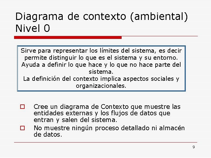Diagrama de contexto (ambiental) Nivel 0 Sirve para representar los límites del sistema, es Diagrama de contexto (ambiental) Nivel 0 Sirve para representar los límites del sistema, es