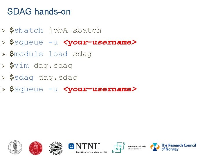 SDAG hands-on Ø Ø Ø $sbatch job. A. sbatch $squeue -u <your-username> $module load