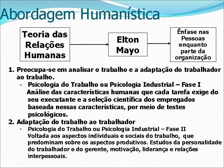 Abordagem Humanística Teoria das Relações Humanas Elton Mayo Ênfase nas Pessoas enquanto parte da