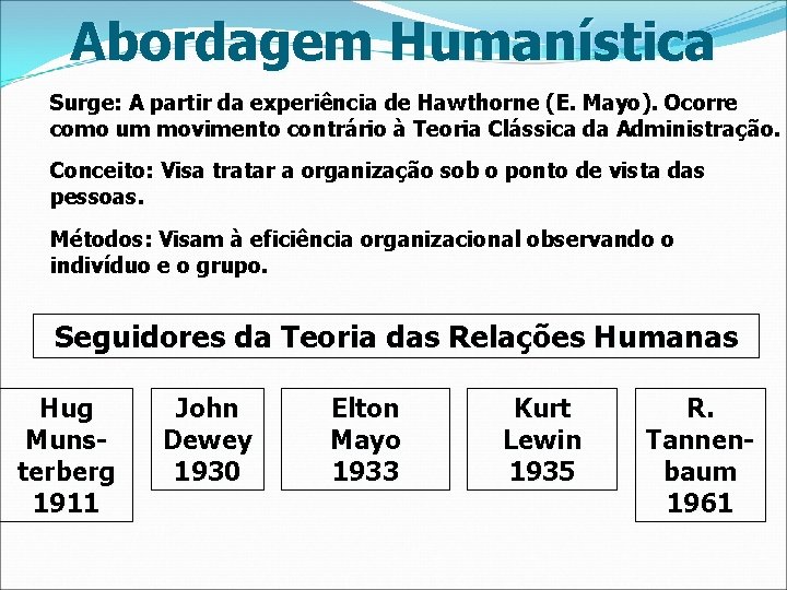 Abordagem Humanística Surge: A partir da experiência de Hawthorne (E. Mayo). Ocorre como um