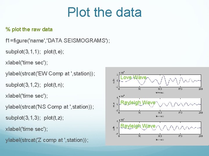 Plot the data % plot the raw data f 1=figure('name', 'DATA SEISMOGRAMS'); subplot(3, 1,