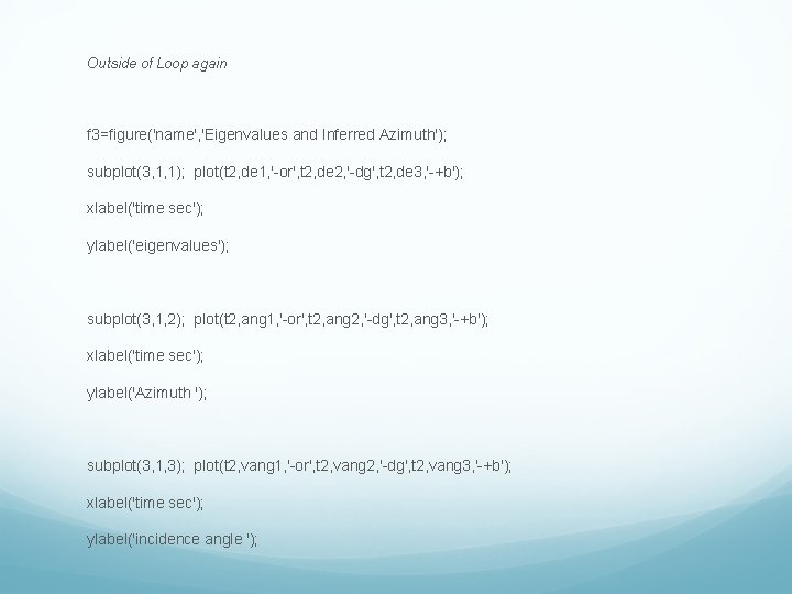 Outside of Loop again f 3=figure('name', 'Eigenvalues and Inferred Azimuth'); subplot(3, 1, 1); plot(t