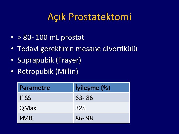 Açık Prostatektomi • • > 80 - 100 m. L prostat Tedavi gerektiren mesane