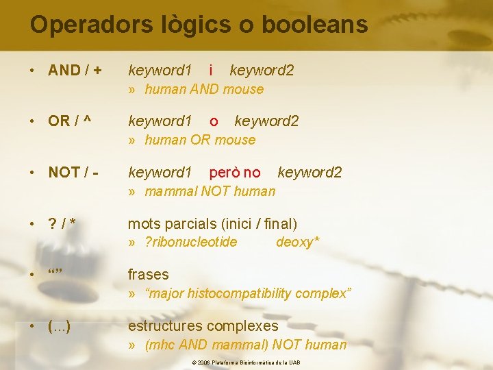 Operadors lògics o booleans • AND / + keyword 1 i keyword 2 »