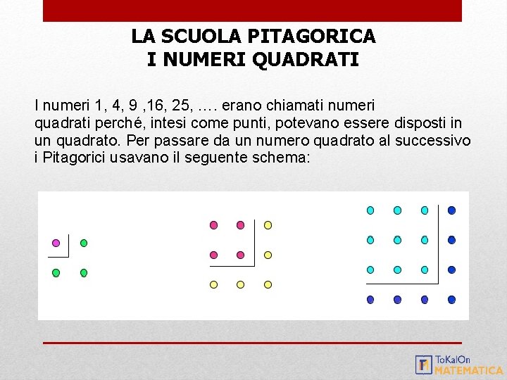 LA SCUOLA PITAGORICA I NUMERI QUADRATI I numeri 1, 4, 9 , 16, 25,