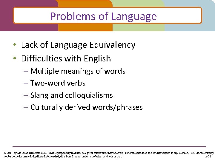 Problems of Language • Lack of Language Equivalency • Difficulties with English – Multiple