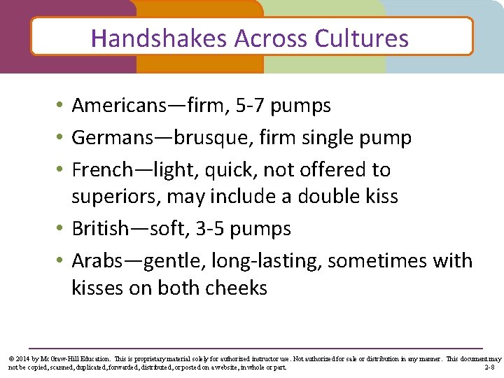 Handshakes Across Cultures • Americans—firm, 5 -7 pumps • Germans—brusque, firm single pump •