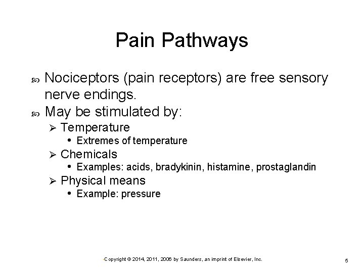 Pain Pathways Nociceptors (pain receptors) are free sensory nerve endings. May be stimulated by: