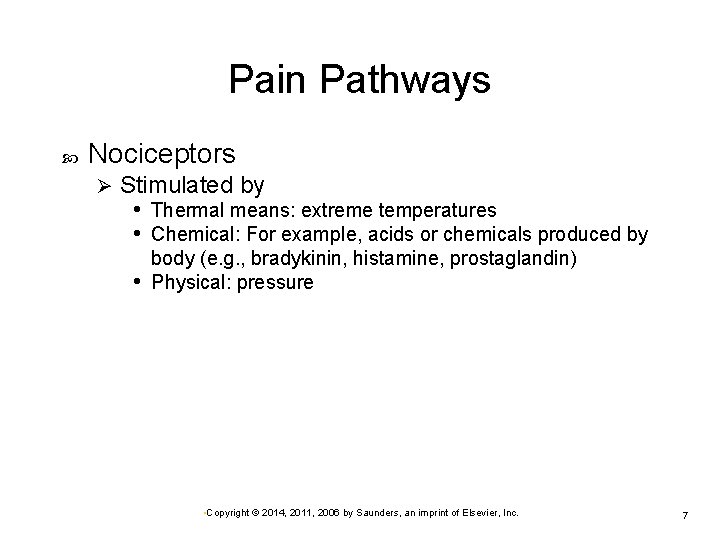 Pain Pathways Nociceptors Ø Stimulated by • Thermal means: extreme temperatures • Chemical: For
