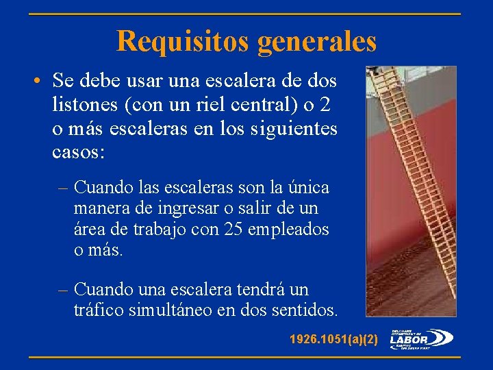 Requisitos generales • Se debe usar una escalera de dos listones (con un riel
