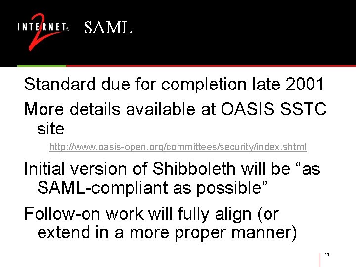 SAML Standard due for completion late 2001 More details available at OASIS SSTC site
