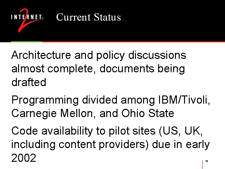 Current Status Architecture and policy discussions almost complete, documents being drafted Programming divided among