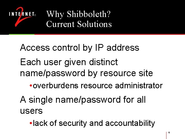 Why Shibboleth? Current Solutions Access control by IP address Each user given distinct name/password