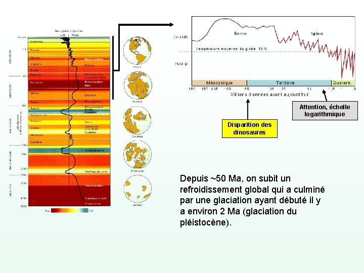 Attention, échelle logarithmique Disparition des dinosaures Depuis ~50 Ma, on subit un refroidissement global
