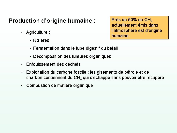 Production d’origine humaine : • Agriculture : • Rizières Près de 50% du CH