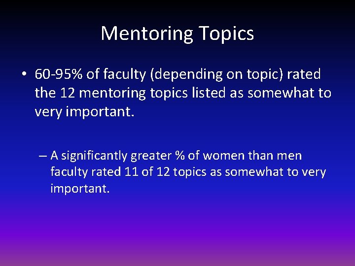 Mentoring Topics • 60 -95% of faculty (depending on topic) rated the 12 mentoring